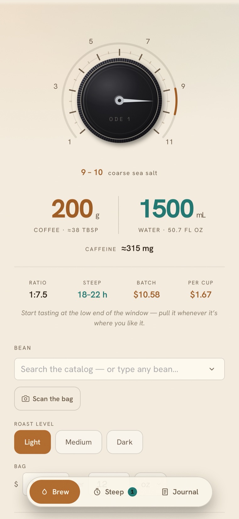 The Brew tab: a grinder dial pointing at 9–10 with the full recipe — 200 g coffee, 1500 mL water, steep window, batch cost
